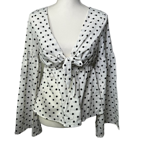LISTICLE peplum bell long sleeve deep V front bow accent polka dots blouse top - Picture 2 of 6